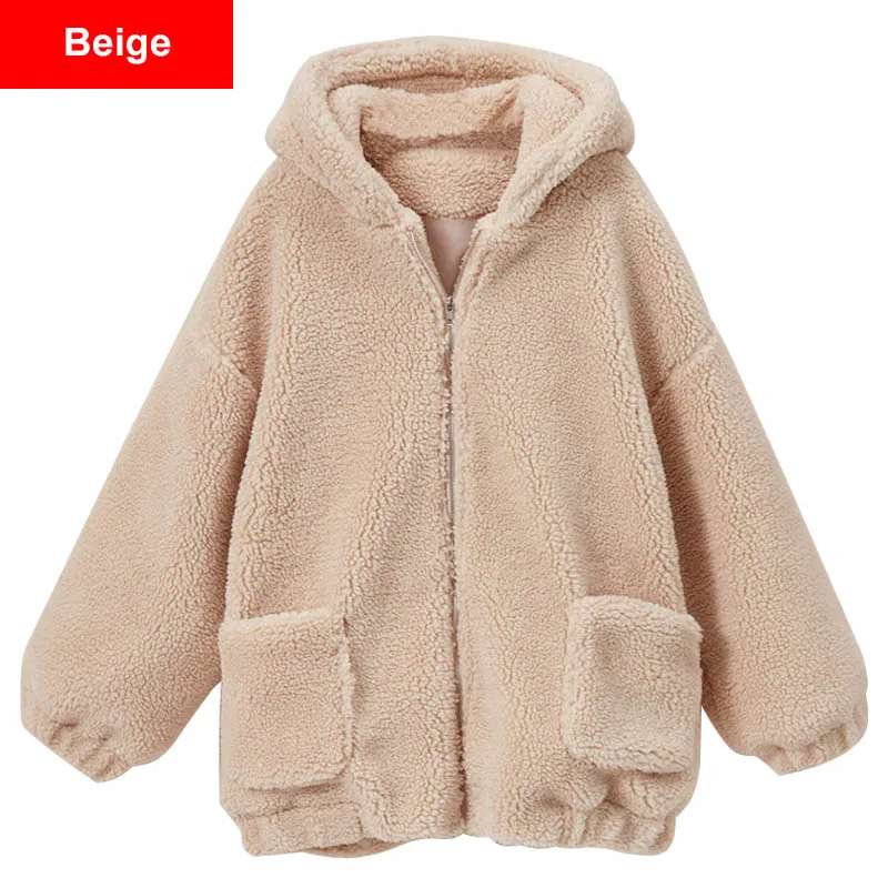 Beige Элегантное мохнатое Женское пальто с капюшоном размера плюс, пальто из искусственного меха, 4Xl, 5Xl, 6Xl, уличная одежда, зимнее теплое плюшевое пальто, пальто - Цвет: Beige