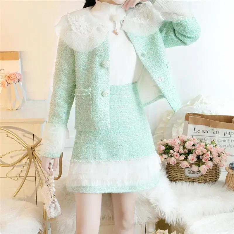 

Women 2020 Fall Winter Sweet Tweed 3 Piece Set Female Doll Collar Short Jacket Coat+Full Sleeve Knit Sweater+Mini Skirt Set N193