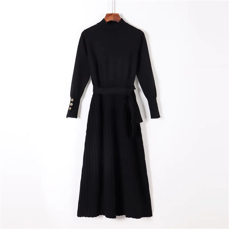 Wixra платья-свитера, элегантное платье с высоким воротом и длинным рукавом длиной до колена, женские вязаные платья с поясом, Осень-зима - Цвет: Black