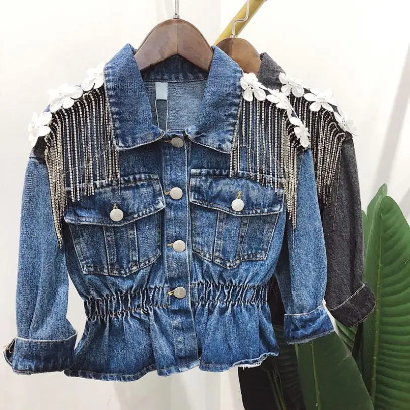 Детские Брендовые джинсовые пальто коллекция года, весенне-осенние новые куртки с 3D цветочным рисунком и кисточками детская эластичная приталенная верхняя одежда От 3 до 10 лет, ws1129 - Цвет: blue