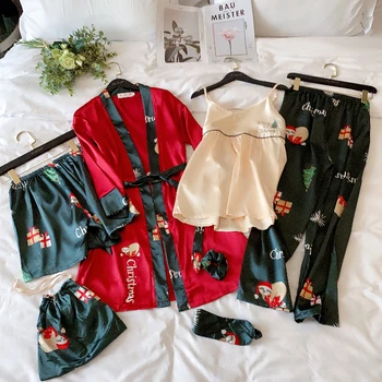 

EJIAMEIJR Red Women's 7 Pieces Pajamas Sets Satin Silk printing Pyjama Woman Sleepwear Sets Spring Summer Autumn Homewear suit