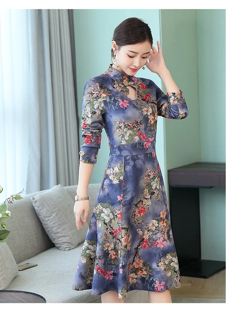 Оленья кожа бархат cheongsam платье осенняя одежда стиль женщин среднего возраста платье элегантный этнический стиль с длинным рукавом Mid-leng