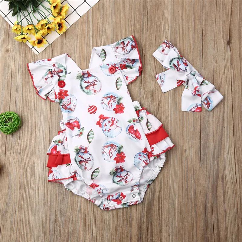 Pudcoco Christmas Dress Newborn kids Baby Girls Outfits Clothes Short Sleeve Ruffle Romper Jumpsuit Headband Set