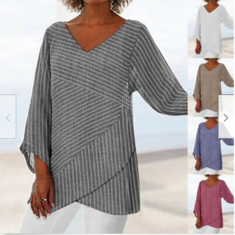 

Cotton Linen Solid Blouse Summer Loose Plus Size Shirt V-Neck Long Sleeve Womens Tops And Blouses Anomalistic Casual Women