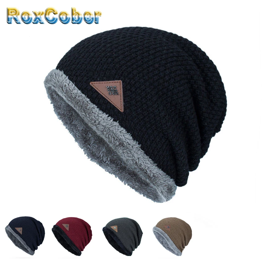 RoxCober круглых вязанных лыжных Для мужчин зимняя куртка теплые шляпки Skullies Шапки для мужские шапки плюс бархат Мешковатые Головные уборы для улицы и занятий спортом