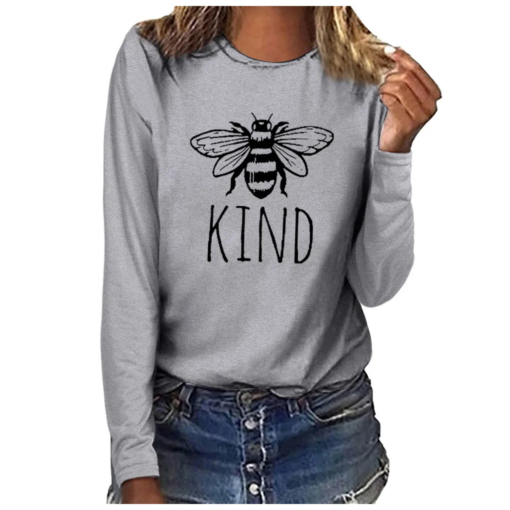 Женская футболка с принтом пчелы, большие размеры, футболка с буквенным принтом, Женская Повседневная футболка с длинным рукавом, женская футболка