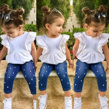 

Toddler Kids Baby Girls Outfits Solid T-shirt Infant Tops+Pearl Denim Pants Jeans Set Children Fashion Bodysuit Summer Clothing