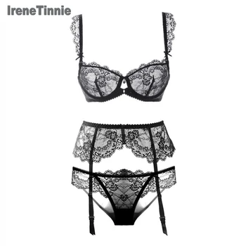 

Irene Tinnie Women Transparent Bra Set 3 Pcs Set Garter Sexy Lingerie Unlined Lace Lenceria Plus Size Underwear Intimates