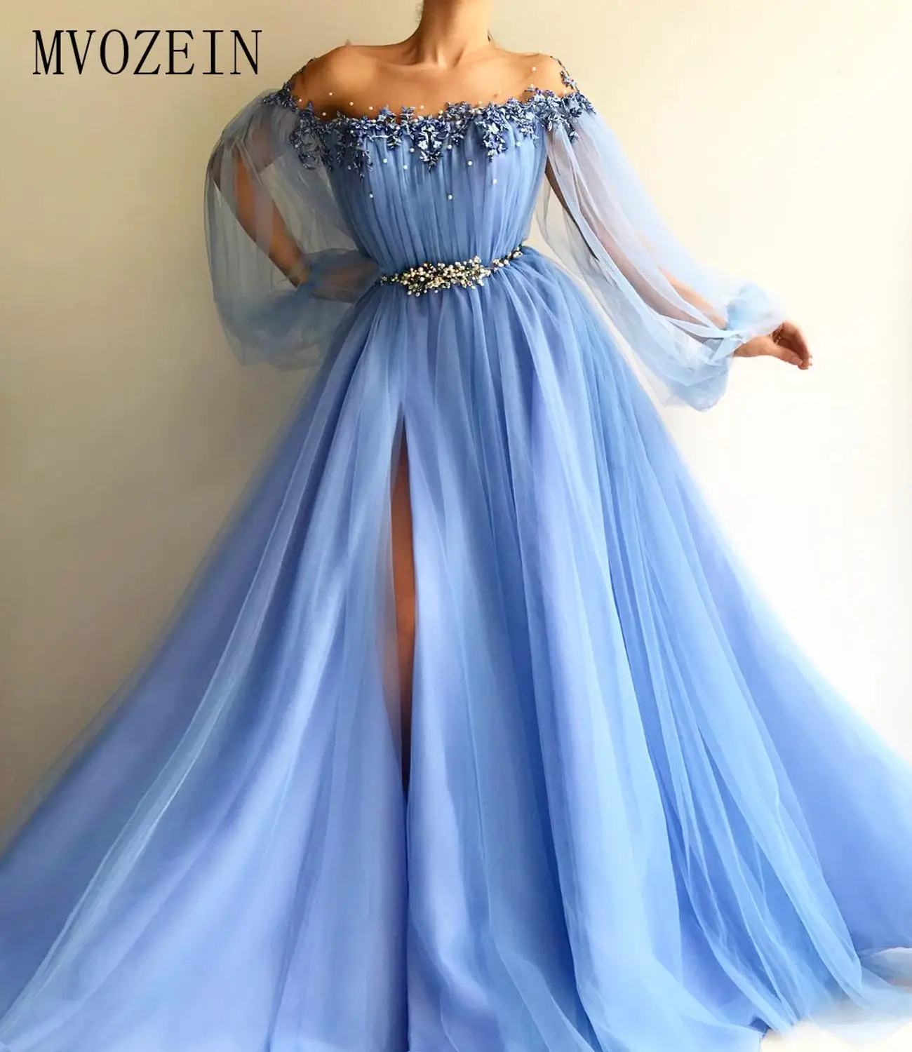 Vestidos небесно-голубое вечернее платье блестящее ТРАПЕЦИЕВИДНОЕ ПЛАТЬЕ с круглым вырезом и длинными рукавами прозрачные вечерние платья с разрезом длинные официальные платья - Color: Same as image