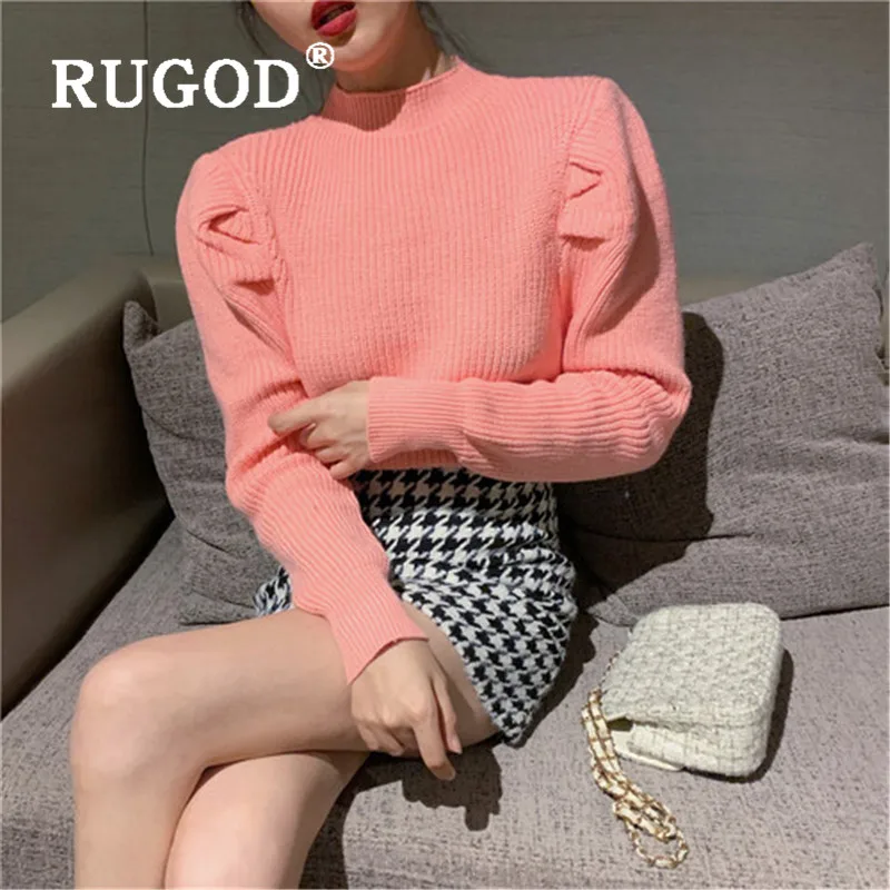 RUGOD осень-зима вязаный женский свитер Повседневный прочный фонарь рукав теплый пуловер Женская мода о-образный вырез розовый трикотаж