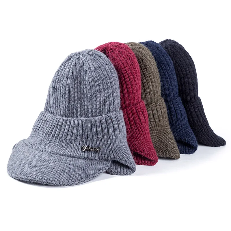 Hot Sale Unisex Stylish Add Fur Lined Warm Winter Hats With Brim Soft Beanie Cap For Men Women Classic Hat With Ear Knitted Hat