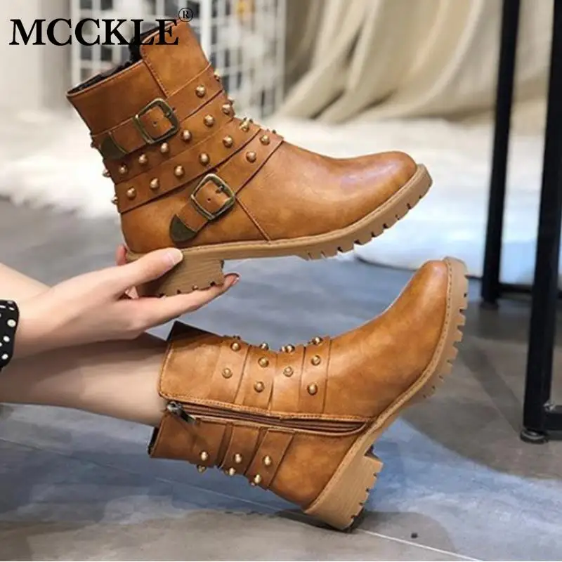 MCCKLE/Осенняя женская обувь Женские ботильоны из искусственной кожи с пряжкой; женские Босоножки на каблуке с застежкой-молнией, на низком каблуке; Женские однотонные модные римские сапоги