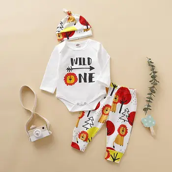 

2019 Autumn Infant Baby's Sets Girls Long Sleeve Bodysuits + Casual Trousers Kids Boys Cartoon Lion Cotton 3Pcs Suits + Hat
