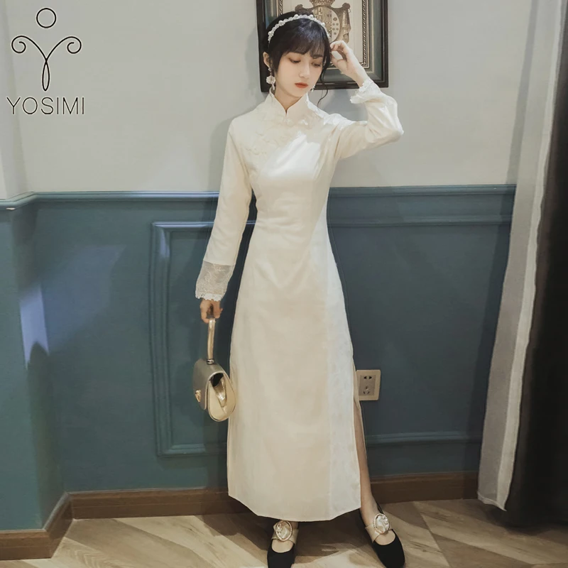 

Long Women Dress Elegant 2020 Spring Cotton and Lace Beige Improved Cheongsam Full Sleeve Straight Maxi Split Dress Ankle-Length