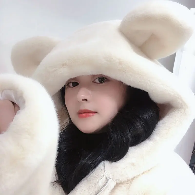 

Women Winter Fur Coat 2022 New Cute Bear Ears Furry Velvet Add cotton/No cotton Jacket Lady Loose Imitation Mink Fur Overcoat C
