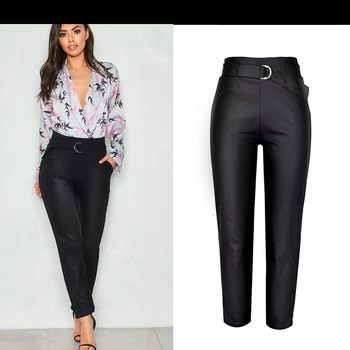 

Fashion Faux Leather Denim Jeans Women 2020 Spring Autumn Elastic High Waist Pu Pants Trousers Casual Belt Black Female K350