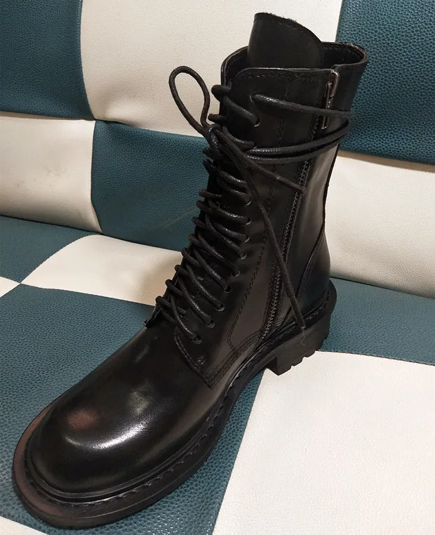 

Med Heel Woman Shoes Black Women Ankle Boots Front Lace Up Gladiator Lady Side Zipper Leather Autumn Shoes Women Star Runway