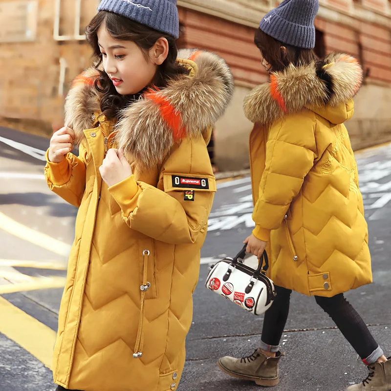 Kid Girl Winter Jacket Clothing Russian Winter-30 degreens Thick 5-14 Years Down Colored Nature Fur Coat Children's Clothes - Цвет: Yellow