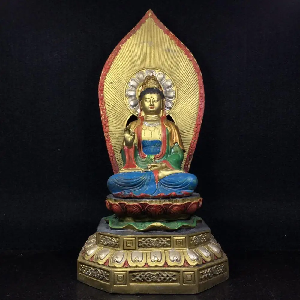 

Home Decor 13" Collection Old Bronze Painted Guanyin Bodhisattva Buddhism Avalokitesvara Amitabha statue