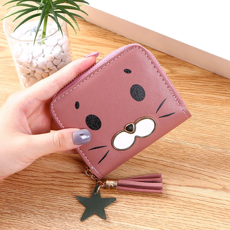 new small wallet ladies short zip wallet Korean version of the cute cat mini key coin purse