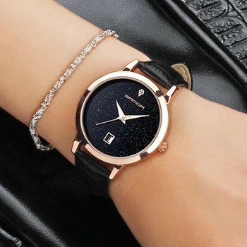 

2020 SANDA Fashion Star Dial women watches luxury Gold leather ladies watch women dress Clock Calendar Relogio Feminino P194