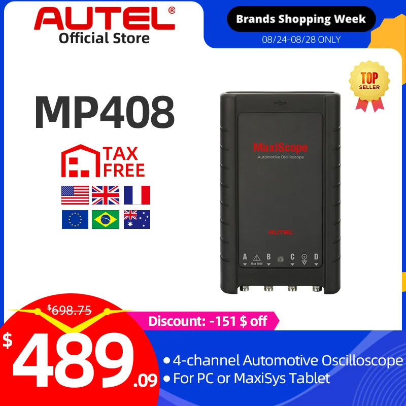 AUTEL MaxiScope MP408 основной Комплект 4 канальный автомобильный осциллограф работает с