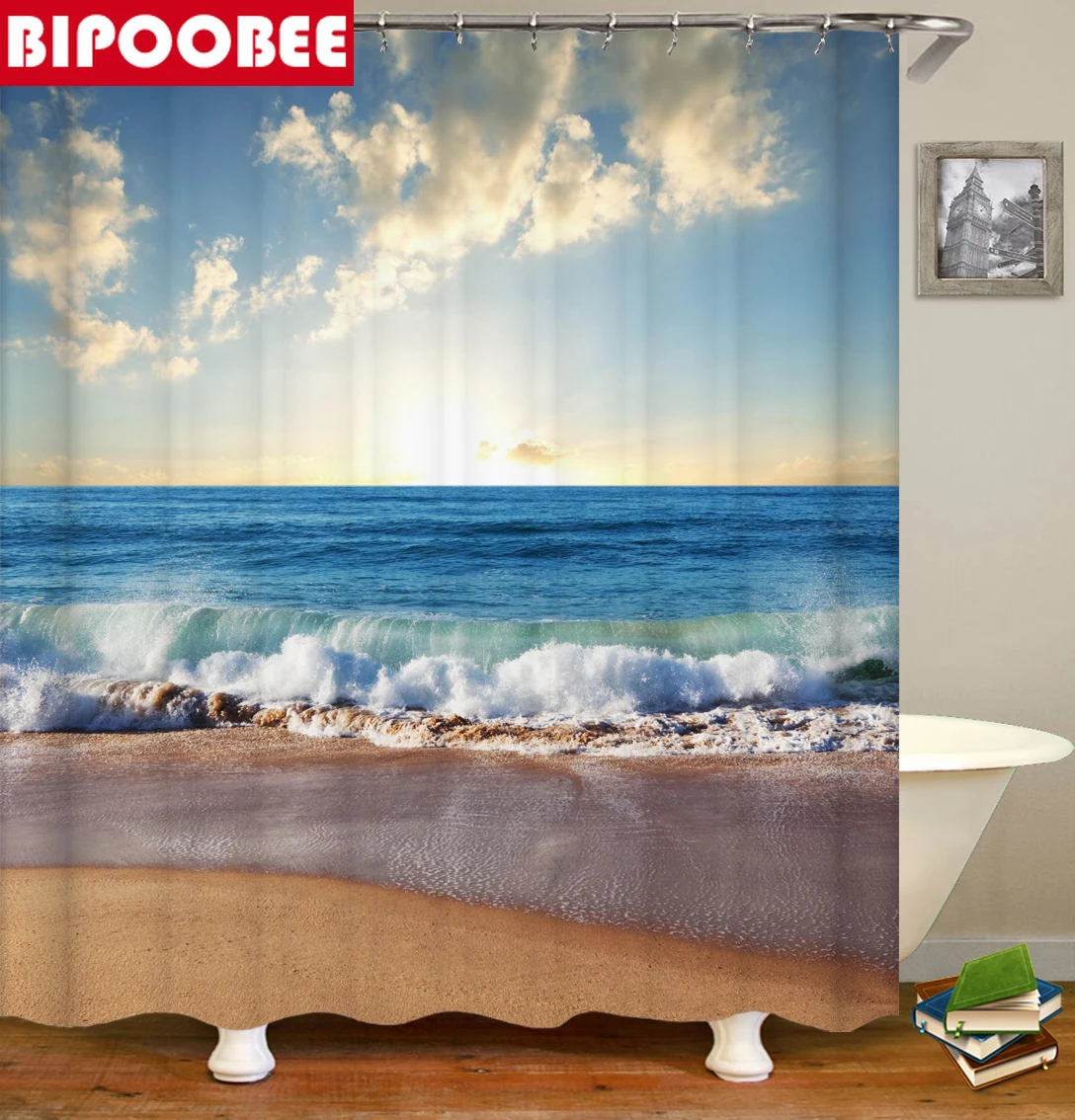 Details about   Sunny Beach Fabric Shower Curtains Sea Scenery Bath Screen Products with 12 Hook 