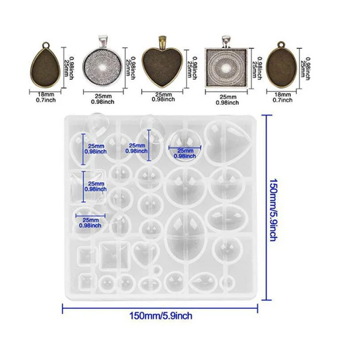 Newly 31 Pieces 5 Styles Pendant Trays Round Square Heart Oval Teardrop Jewelry Casting Molds