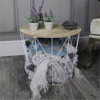

Metal Iron Nordic Style Wooden Top Side Clothes Storage Basket Organizer for Home Bedroom Living Room Laundry Room 35x30cm