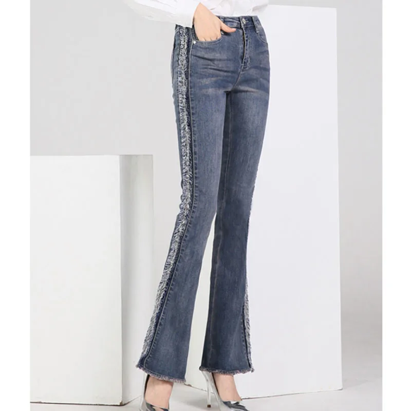 FERZIGE Новые Эластичные Обтягивающие необработанные джинсы красивые расклешенные брюки с высокой талией женские уличные милые женские винтажные синие размера плюс 36