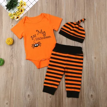

Newborn Baby Clothes Set Boy Girl Baby Halloween Costume Short Sleeve Romper Striped Pants Hat 3PCS New Born Baby Girl Clothes