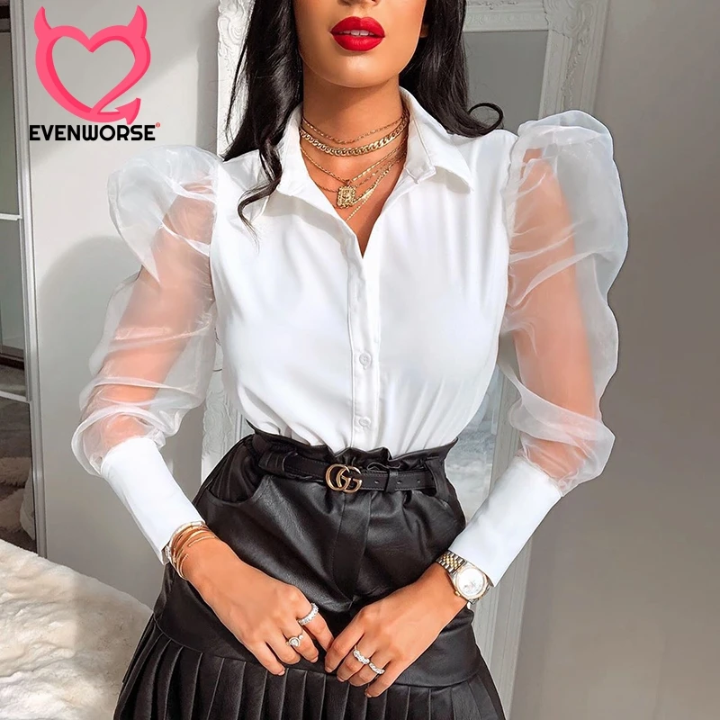 

Evenworse Tailored Collar Shirt Gauze Splicing Single Breasted Chiffon Shirt Fashion Navel Exposed Puff Sleeve White Slim Tops