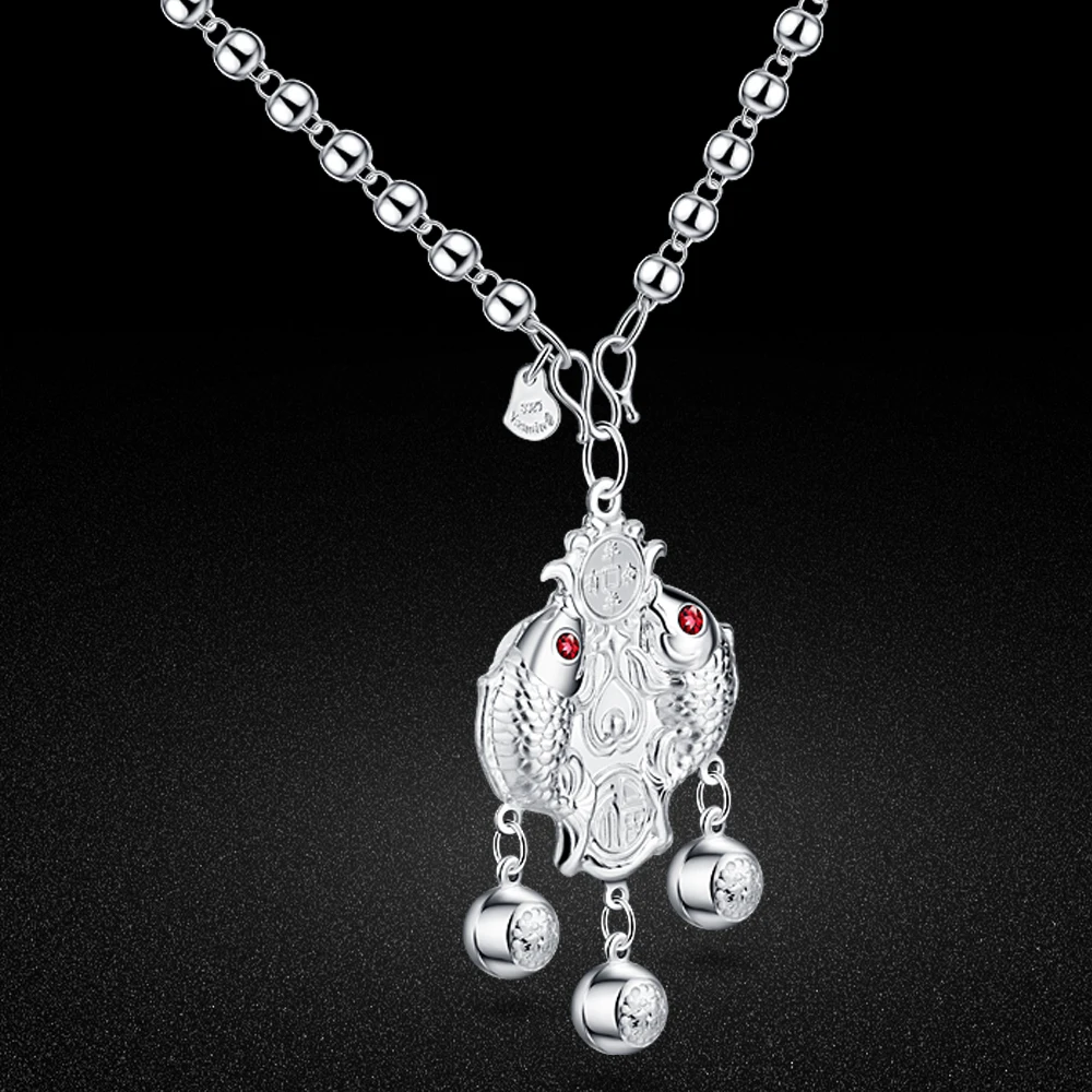 

Ethnic Style 925 Sterling Silver Wealth Making Fish Pendant Necklace for Women Charms Fashion Square Female Vintage Jewelry