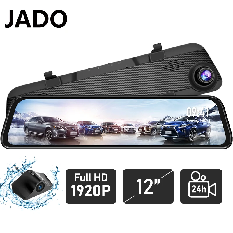 

JADO G840S 2020 NEW 12-inch Streaming RearView Mirror Car Dvr Camera Front 1296P Rear 1080P Lens Driving Video Recorder Dash Cam