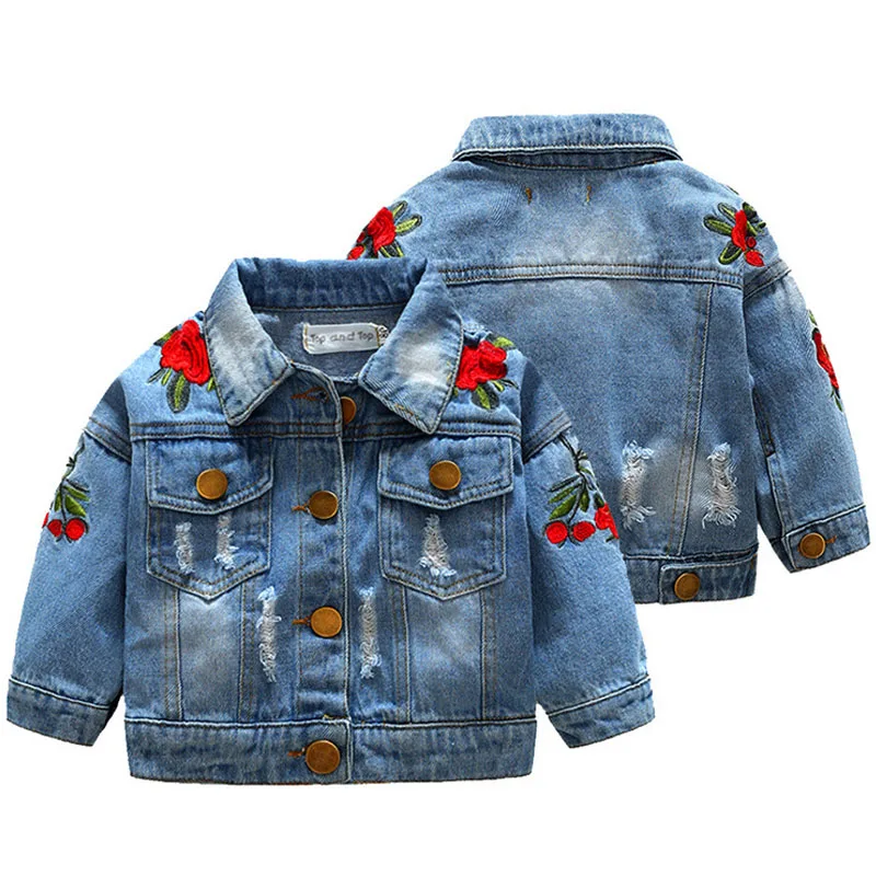 Джинсовая куртка для девочек новое модное Детское пальто с цветочной розой на весну-осень детская куртка пальто для малышей куртка для маленьких девочек - Цвет: Синий
