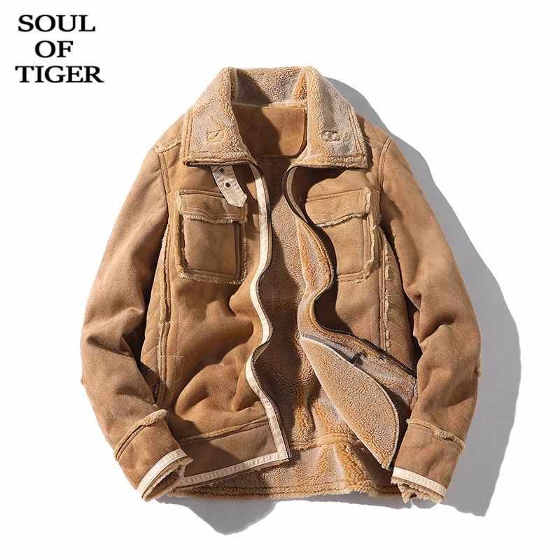 Мужская кожаная куртка SOUL OF TIGER винтажная теплая замшевая в стиле панк зима