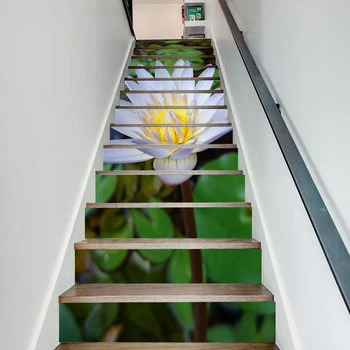 

PVC Green Leaf Waterproof Art White Flowers Home Decor Decal Stair 3D Print Sticker Self Adhesive Diy Paper for Bedroom Sticker