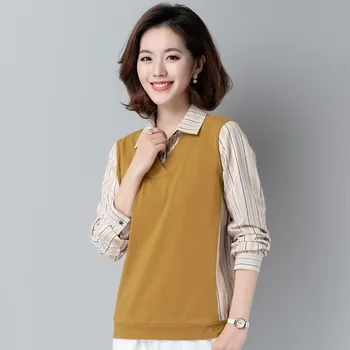 

Spring and autumn new style commuter top women's Korean fashion fake two Lapel T-shirt loose and comfortable T-shirt