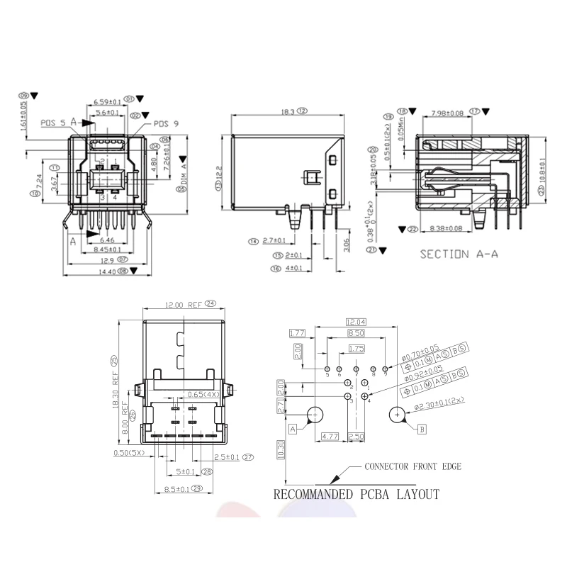 2pcs USB 3.0 Type B Female Plug jack USB-B Right Angle AF Socket Printer Connector Terminal