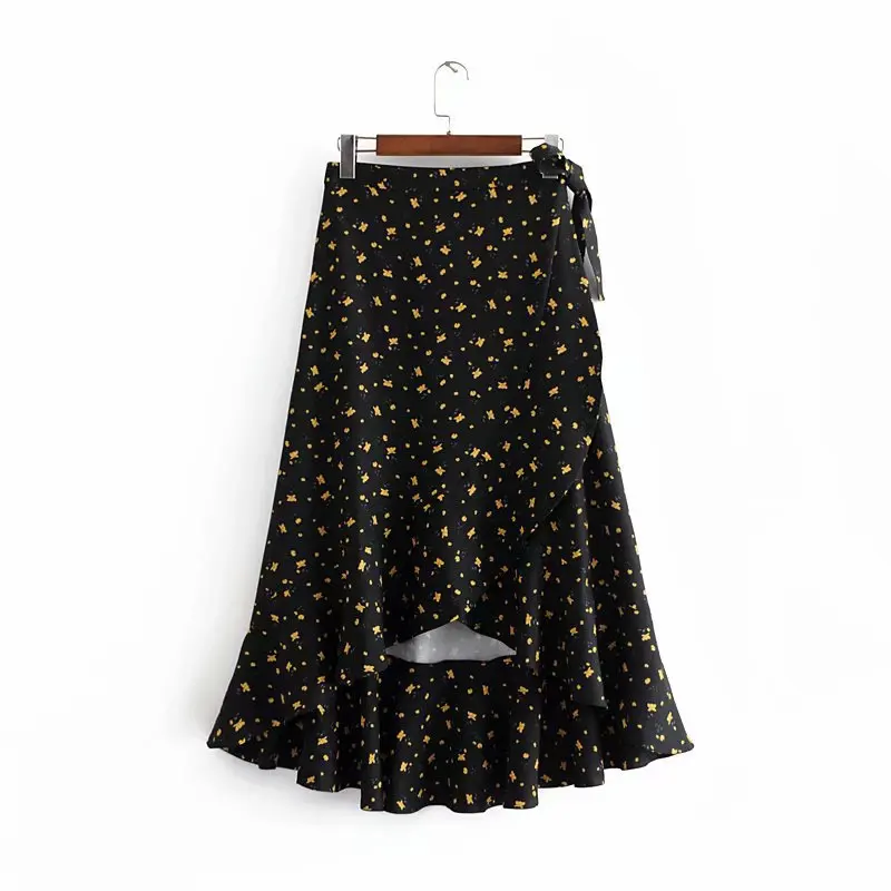 

2019 Early Spring Celebrity Style Sweet Holiday Yellow Floral Flounced Bandage Cloth Irregular Flounced Skirt