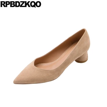 

crystal luxury pumps slip on rhinestone big size medium heels thick ladies suede chunky diamond fashion shoes brand pointed toe