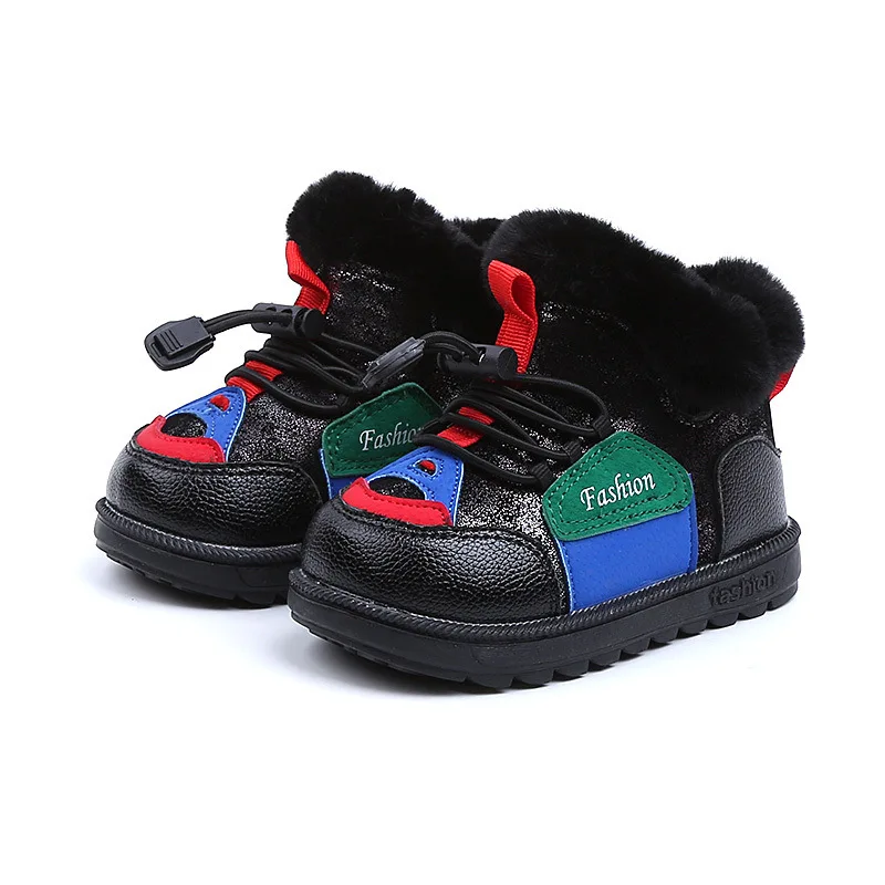 Новинка; зимние детские ботинки; Теплая обувь для мальчиков и девочек; кожаные ботинки для девочек; осенние детские ботинки; нескользящие кроссовки для малышей - Цвет: Черный