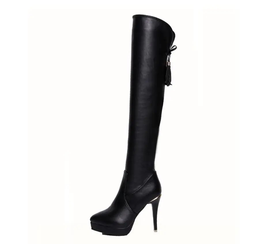 Новые кожаные пикантные женские ботинки на платформе; botas altas mujer sobre rodilla; зимние женские туфли на платформе и высоком тонком каблуке; Botas Mujer; D347