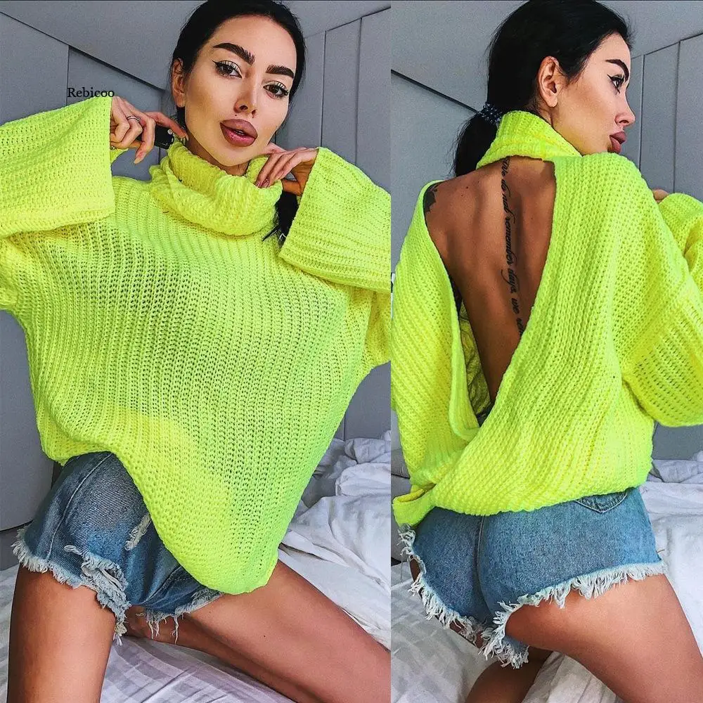 Turtleneck Neon Green Backless Long Sleeve Sweater Women Loose Back Cross Casual Warm Autumn Winter Gray Lady Sexy Pullover