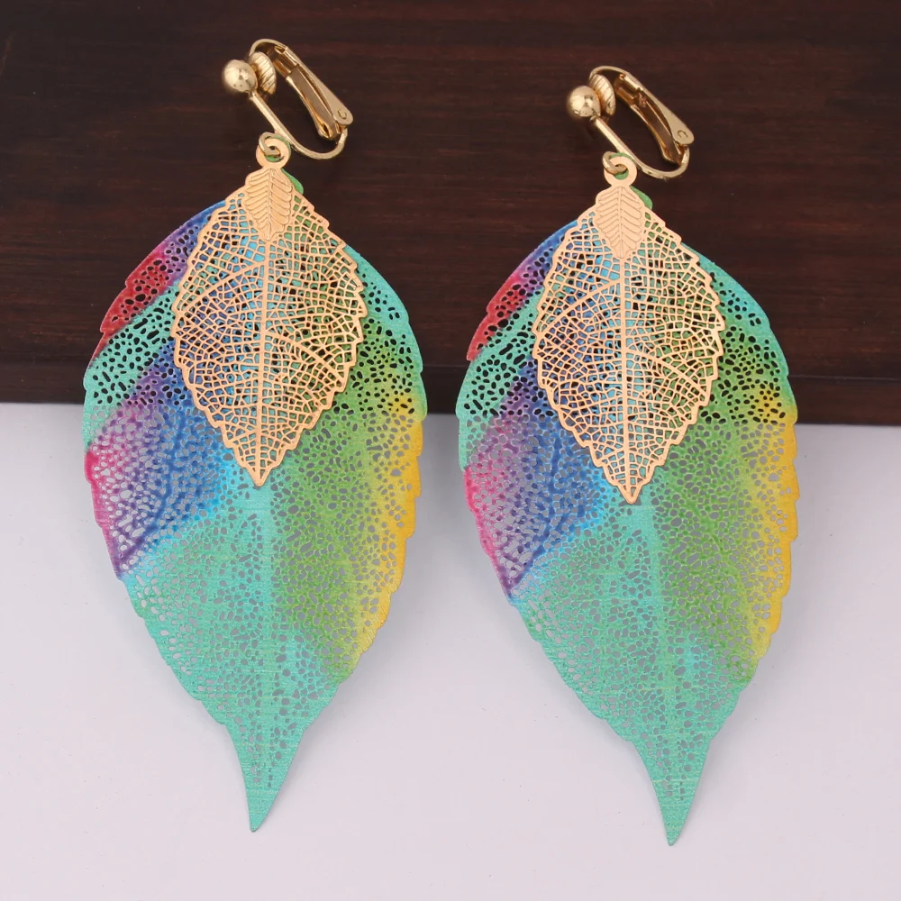 GRACE JUN Colorful Copper Material Double Leaf Clip on Earrings for Women Xmas Earrings