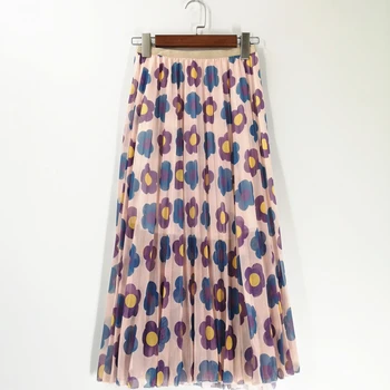 

Korean Print Women Mesh Pleated Skirt Sweet Ladies High Waist Skirts Spring Harajuku Females Mid-calf Elastic Waist Cute Skirt
