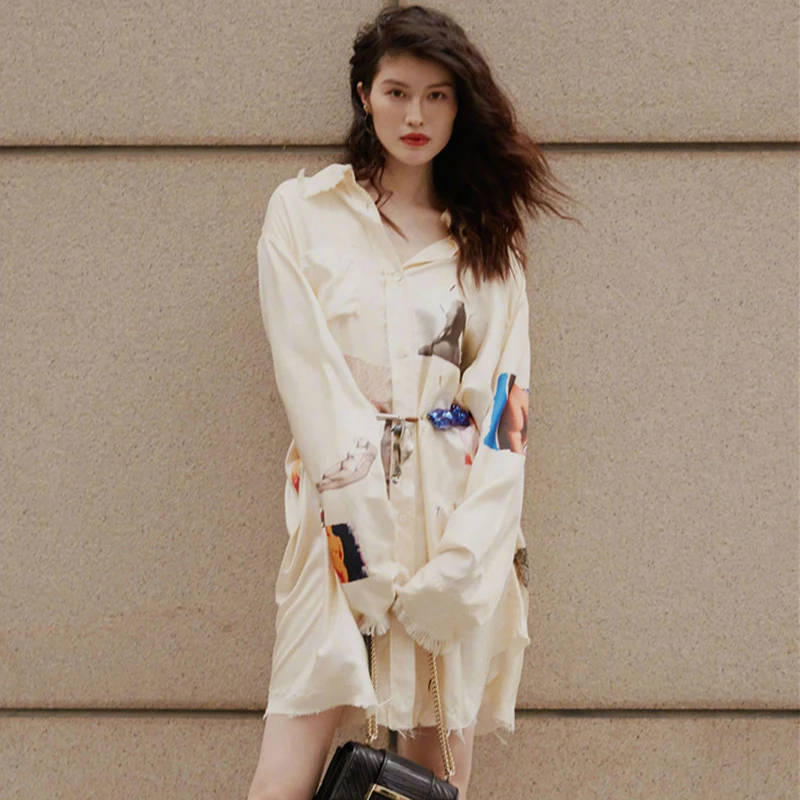

2019 Autumn Arrival Print Woman Casual Shirt Dress Long Sleeve Turn Down Collar Tassel Loose Dress Holiday Vacation Vestidos