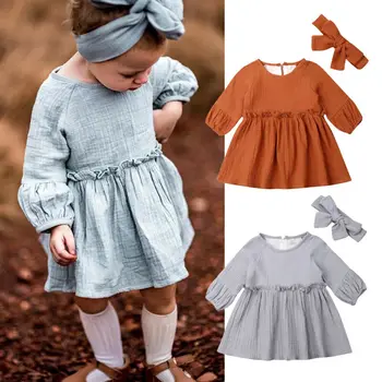 

Baby Kids Girl 12M-4T Clothes Long Sleeve Dress Skirt Sundress Cotton Linen Clothes Set