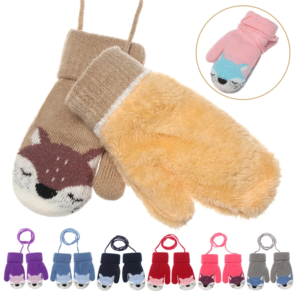 0-3 Years Cute Cartoon Fox Baby Gloves Winter Knit Wool Newborn Mittens Velvet Thick Children's Kid Keep Finger Warm Accessories