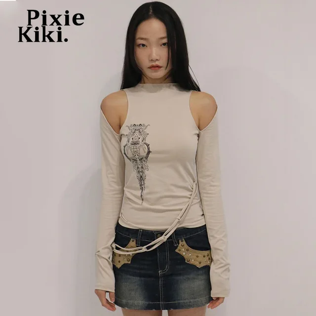 PixieKiki Y2k Aesthetic Cutout Long Sleeve Top Sexy Fashion Cold Shoulder Lace Up Graphic T Shirts Harajuku Streetwear P85-BD18 3